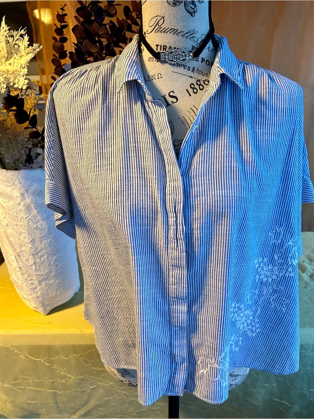 Madewell Blue and White Striped Short Sleeve Buttonless Blouse